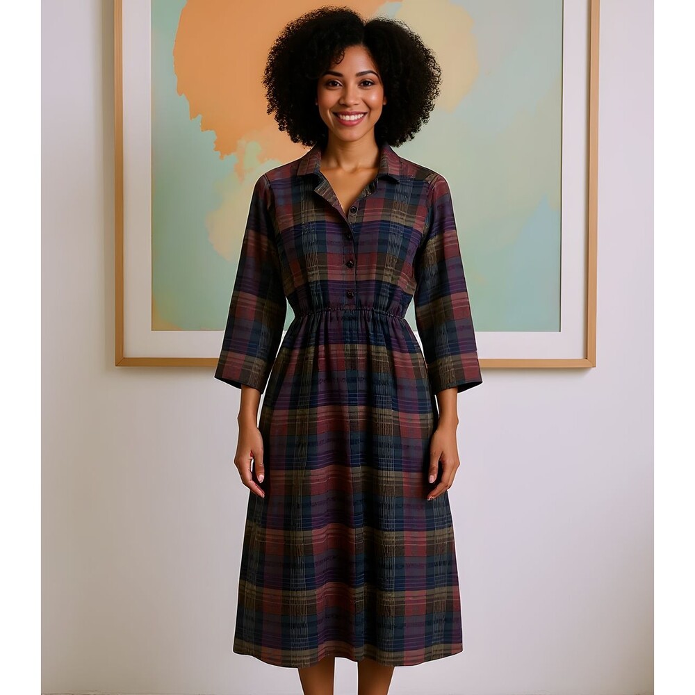 Diane Von Furstenberg Vintage Midi Purple Plaid Prairie Shirt Dress Dark Preppy